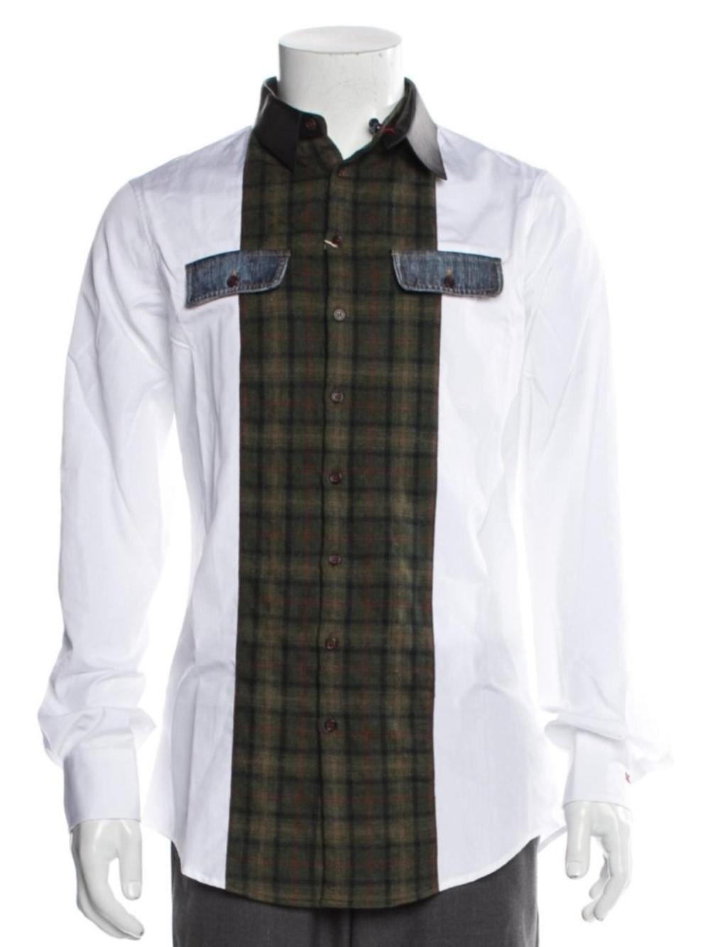 DSQUARED White Shirt with Olive Plaid Center Panel